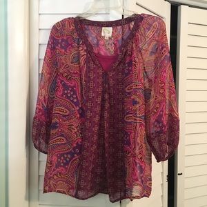 Pink pattern Blouse Sz M 3/4 sleeve sheer